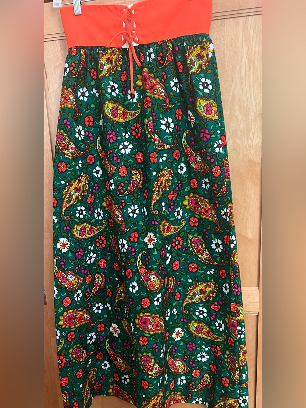 Lanz Vintage Paisley Dirndl Floral Green Orange Red Maxi Skirt Size 11